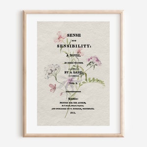 Jane Austen Sense and Sensibility art print, title page and floral watercolor painting, literary gift wall art, cover art