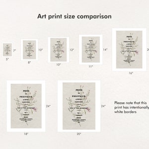 以下が含まれることがあります： 「高慢と偏見」のアートプリントのサイズ比較。13cm x 18cmから51cm x 61cmまで。各プリントは、花のアクセントが付いた本の表紙のデザインを示しています。意図的に白いボーダーがあります。
