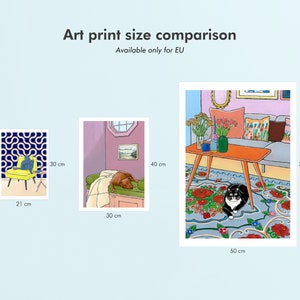 May include: Comparison of three art print sizes, showing a cat in a chair, a dog on a couch, and a cat on a rug. The prints are 21 cm x 30 cm, 30 cm x 40 cm, and 50 cm x 70 cm.