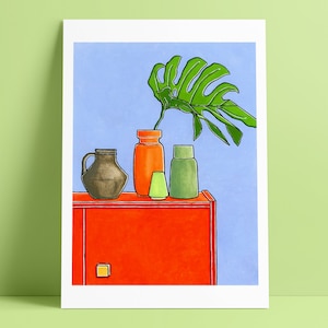 Impresión de arte de naturaleza muerta con jarrones y hoja de Monstera, decoración de pared colorida para sala de estar, regalo único de inauguración de la casa