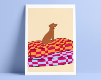 May include: A brown dachshund dog sits on top of a stack of two checkered dog beds. The top bed is orange and yellow, and the bottom bed is pink and blue.