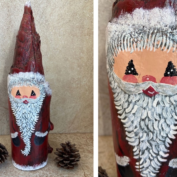 Driftwood Santa carving, natural wood carved sculpture