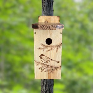 Cedar Birdhouse, wood nesting box for chickadees and others, bird house decorated with a chickadee