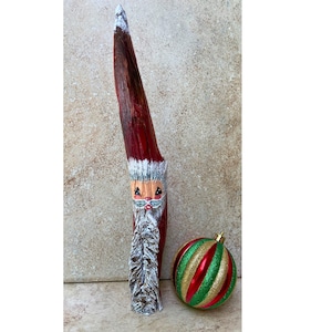 Driftwood Santa Claus carving sculpture, Hand Painted folk art Christmas decoration