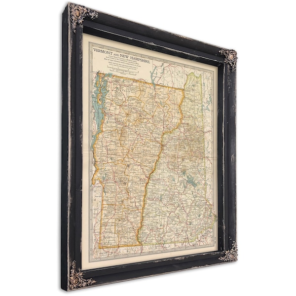 Mapa antiguo de Vermont y New Hampshire enmarcado - Marco ornamentado con lámina
