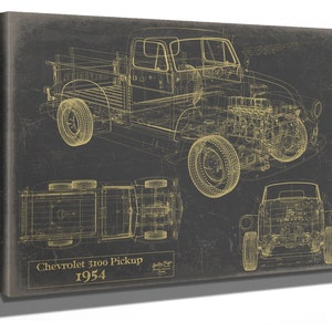 Vintage 1954 Chevrolet 3100 Pickup Model Mancave Blueprint Art