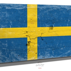 Sweden Flag Wall Art - Vintage Swedish Flag Sign Weathered Wood Style on Canvas