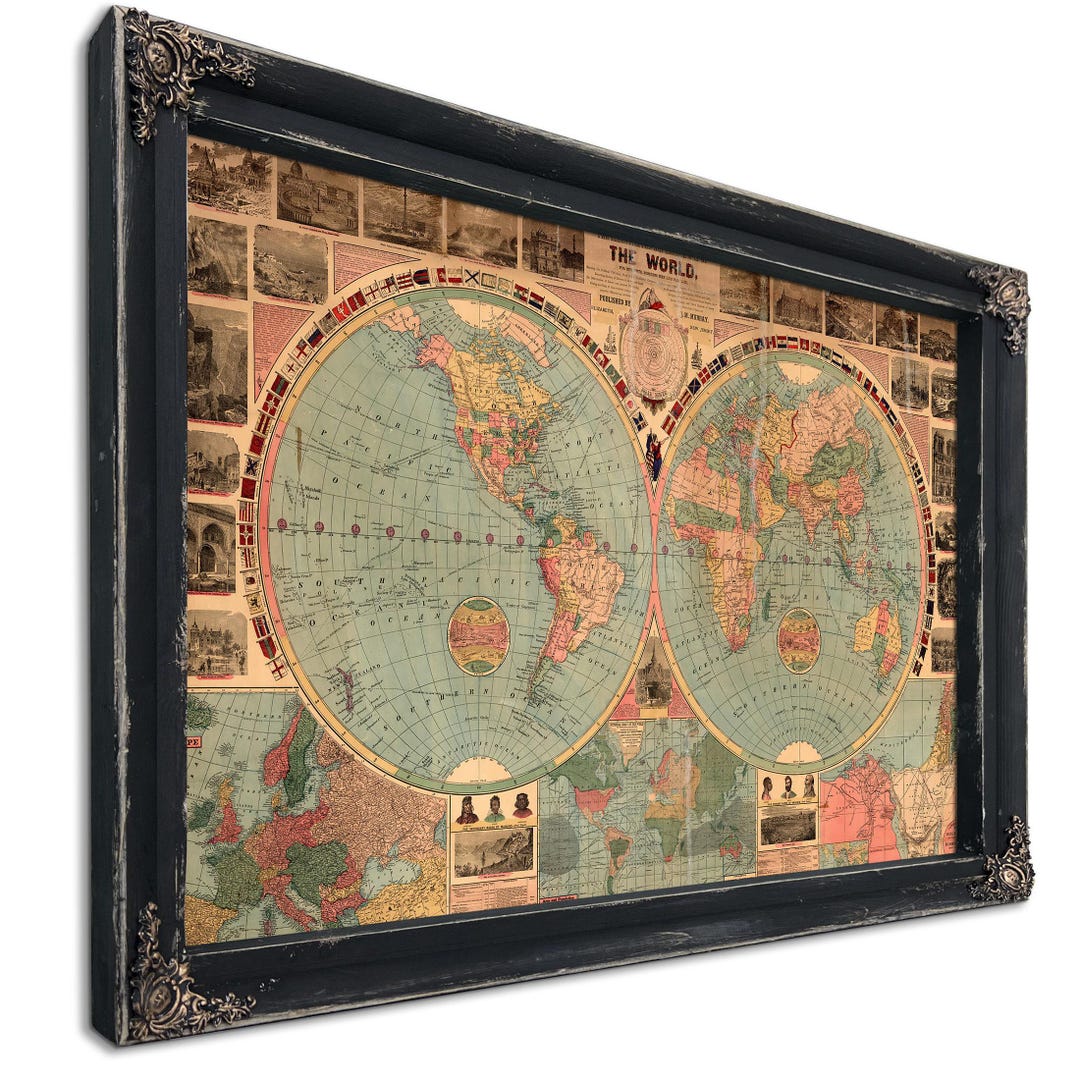 Framed World 1883 Vintage Map - Ornate Embellishment Frame With Print ...