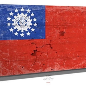Vintage Myanmar Flag Canvas Art: Weathered Wood Style