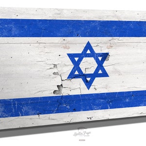 Israel Flag Wall Art - Vintage Israel Flag Sign Weathered Wood Style on Canvas