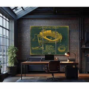 a room with a brick wall and a large painting of a baseball stadium