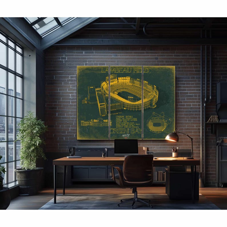 a room with a brick wall and a large painting of a baseball stadium