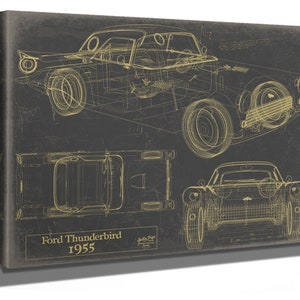 Vintage 1955 Ford Thunderbird Car Model, Original Mancave Blueprint Art