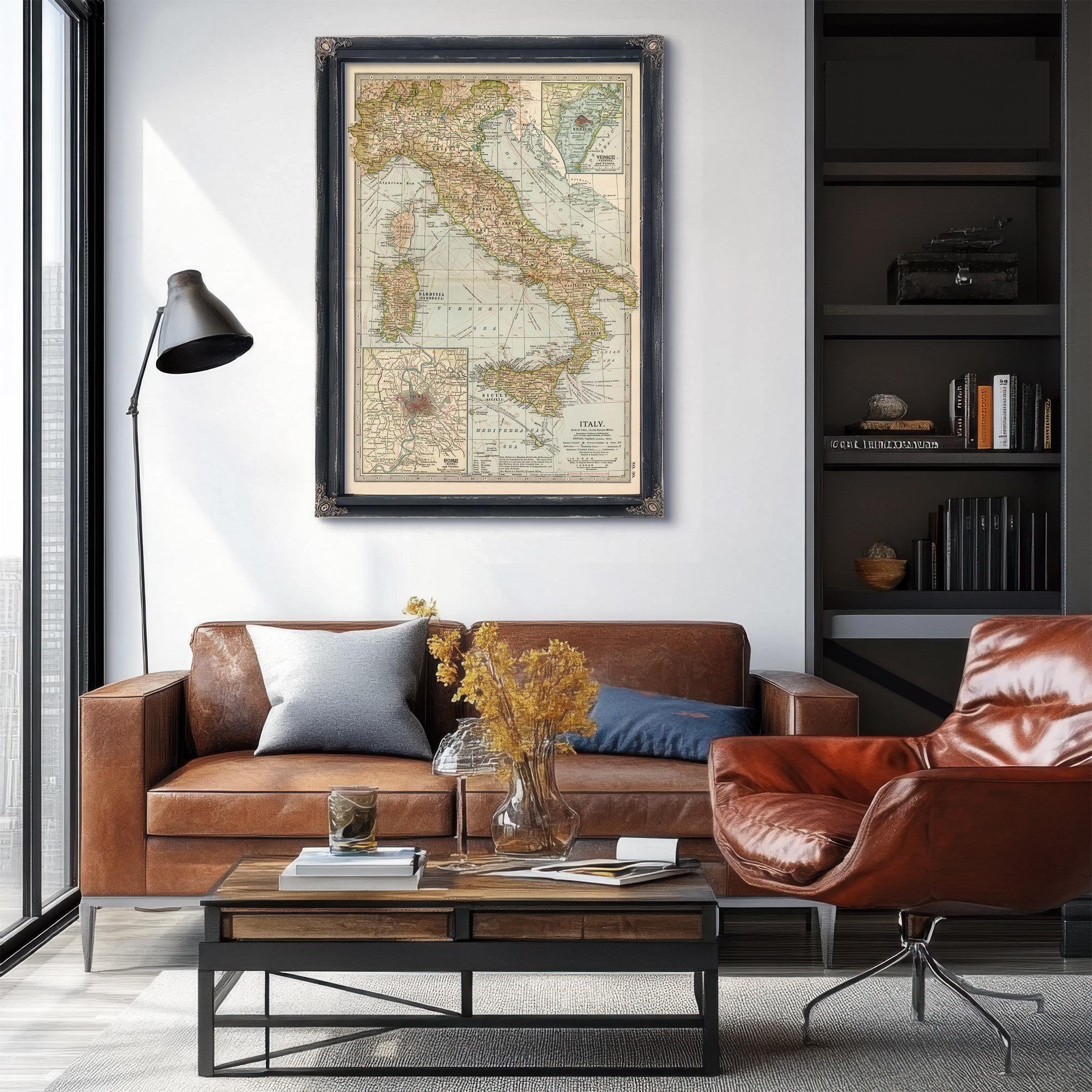 Framed Italy Vintage Map - Ornate Embellishment Frame With Print