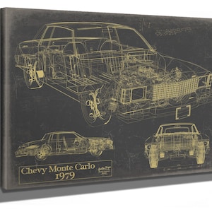 May include: A canvas print featuring a detailed blueprint of a 1979 Chevy Monte Carlo. The artwork showcases the car's internal components and exterior in a gold wireframe style against a dark gray background. The text "Chevy Monte Carlo 1979" is at the bottom.