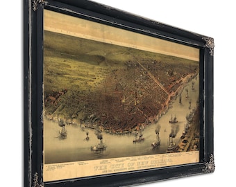 New Orleans Vintage Map Art: Bird's Eye View, Framed Canvas Print