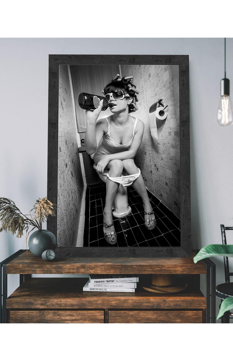 Sarcastic and humorous framed wall art, perfect for adding a bold and comical statement to any restroom.