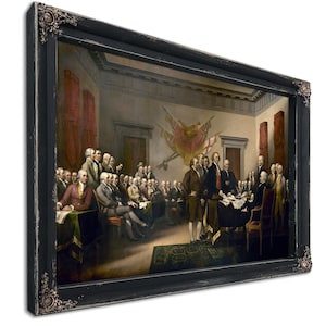 May include: A framed print of the painting "Declaration of Independence" by John Trumbull. The artwork depicts a historical scene of men in formal attire gathered in a room, with a dark ornate frame.