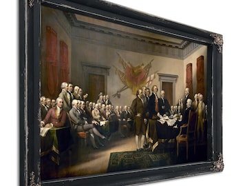 May include: A framed print of the painting "Declaration of Independence" by John Trumbull. The artwork depicts a historical scene of men in formal attire gathered in a room, with a dark ornate frame.
