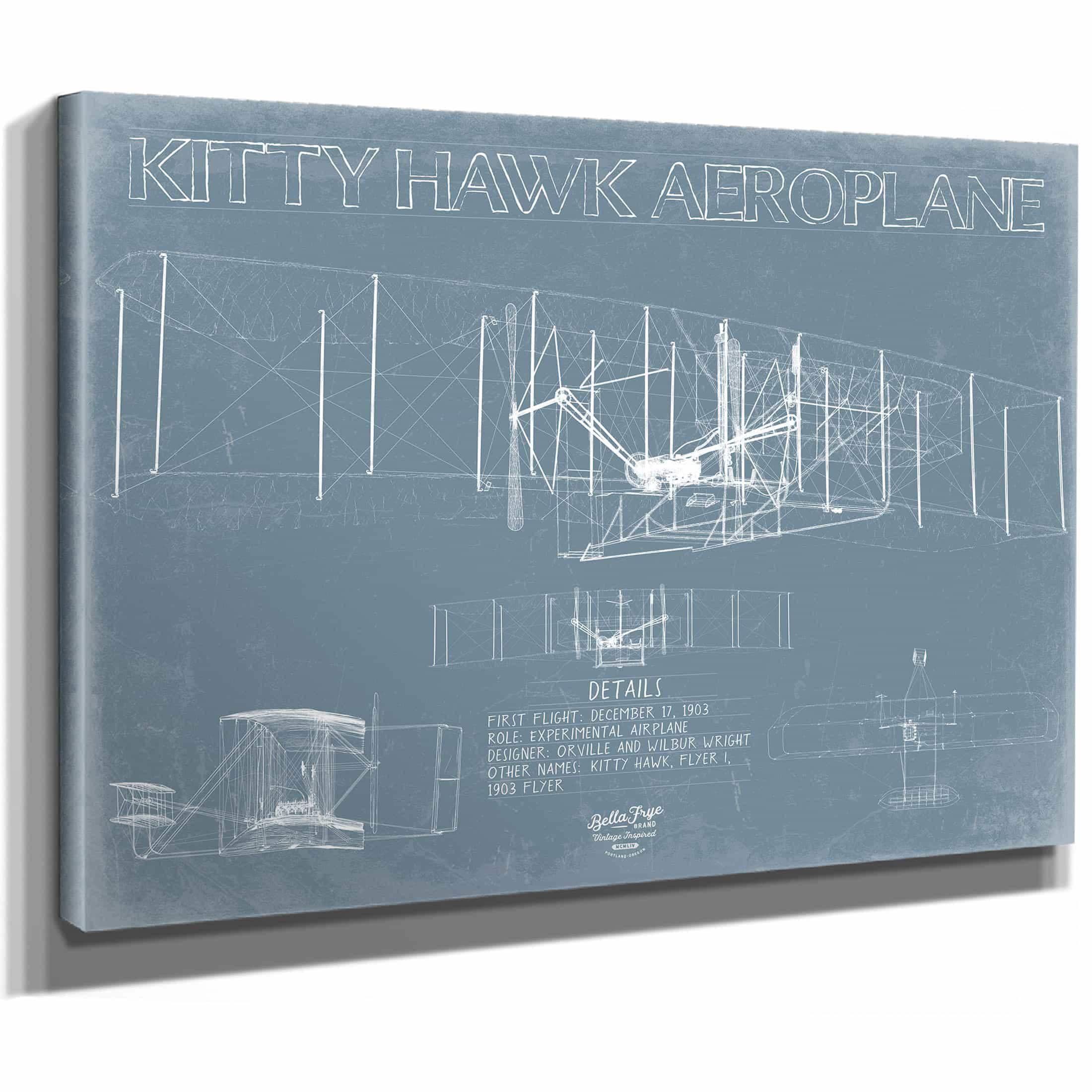 Wright Bros Kitty Hawk First Flight Blueprint Wall Art - Original Airplane Print