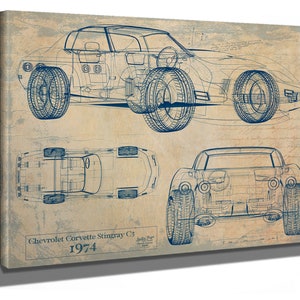 Vintage 1974 Corvette Stingray C3 impression de modèle de voiture, cadeaux pour lui, plan original sur toile, encadré ou non