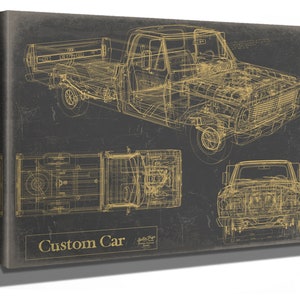 Custom Car Model Print, Gifts for Him, Original Blueprint Canvas, Framed, or Unframed Art