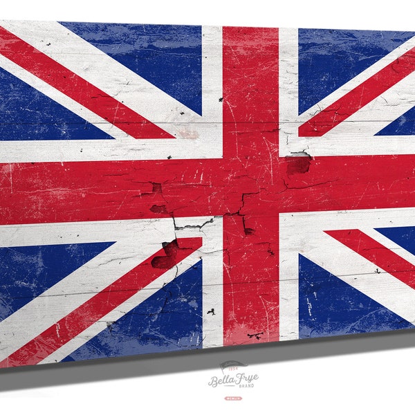 Union Jack Flag Wall Art - Vintage Union Flag Sign Weathered Wood Style on Canvas