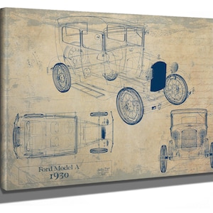 Vintage 1930 Ford Model A Car Model Print,  Original Blueprint Canvas, Framed, or Unframed Art