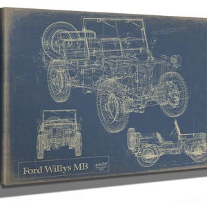 Ford Willys MB Army Jeep Model, Original Mancave Blueprint Art