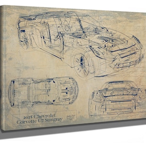Vintage 2015, impression de modèle de voiture Chevrolet Corvette C7 Stingray, cadeaux pour lui, plan original sur toile, oeuvre d'art encadrée ou non