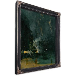 May include: An abstract painting with a dark green and gold color palette. The artwork is framed in a black, ornate frame with decorative corner accents. The painting appears to depict a landscape or seascape with a dark, moody atmosphere.
