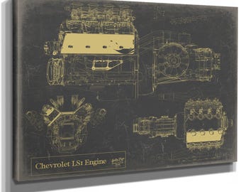 Vintage Chevrolet LS1 Engine Print,  Original Blueprint Canvas