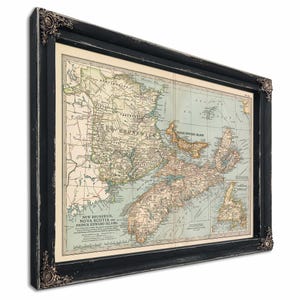Framed Vintage Map Print: New Brunswick, Nova Scotia, PEI - Ornate Black Frame