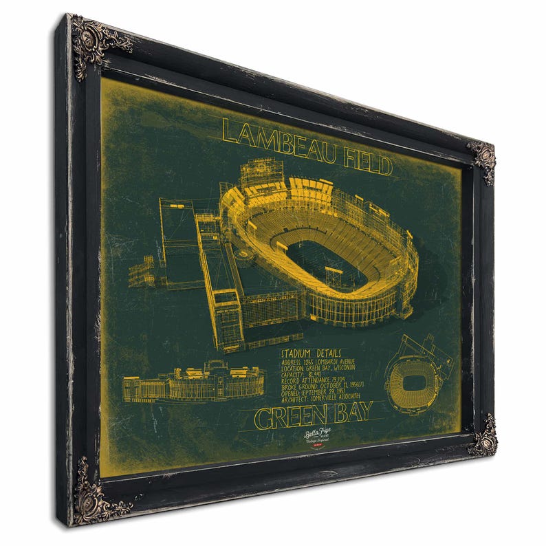a framed picture of a green and yellow stadium
