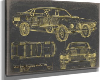 Vintage 1969 Ford Mustang Mach 1 Muscle Car Model Print,  Original Blueprint Canvas