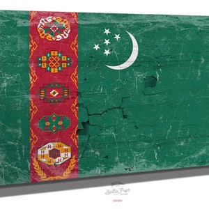 Turkmenistan Flag Wall Art - Vintage Turkmenistan Flag Sign Weathered Wood Style on Canvas
