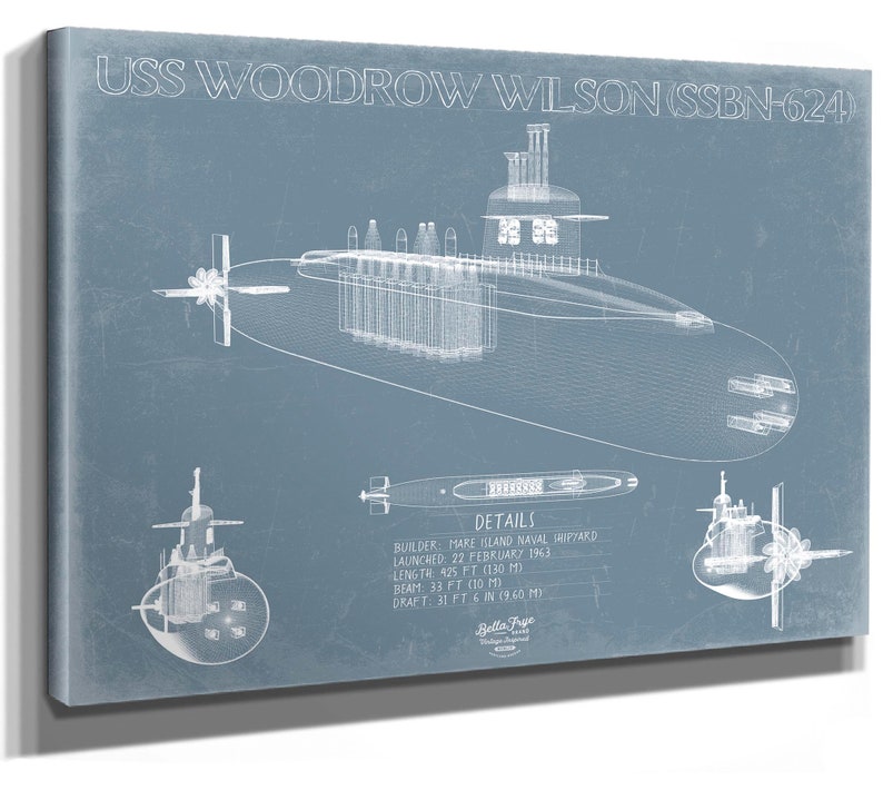 USS Woodrow Wilson SSBN624 Blueprint Wall Art Original Submarine Print
