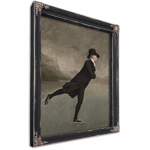 May include: Framed artwork depicting a man ice skating in a black coat and top hat. The painting has a muted color palette with a dark, ornate frame. The artwork is a vintage-style piece.