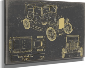 1929 Ford Model A Car Model Print,  Original Blueprint Canvas, Framed, or Unframed Art