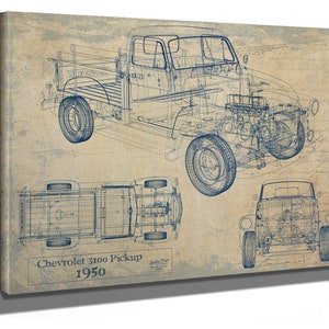 Vintage 1950 Chevrolet 3100 Pickup Model Mancave Blueprint Art
