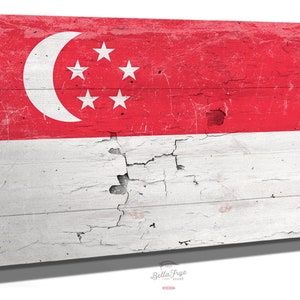 Singapore Flag Wall Art - Vintage Singaporean Flag Sign Weathered Wood Style on Canvas