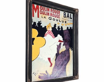 May include: A vintage poster for the Moulin Rouge in Paris, France. The poster features a woman in a white dress and red shoes dancing with a man in a black suit and a red fez. The poster is framed in a black wood frame with gold accents. The text on the poster reads "Moulin Rouge Bal Tous Les Soir La Goulue."