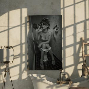 Vintage-style funny bathroom poster, featuring a girl on the toilet enjoying a drink for a humorous touch.