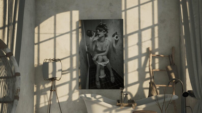 Vintage-style funny bathroom poster, featuring a girl on the toilet enjoying a drink for a humorous touch.