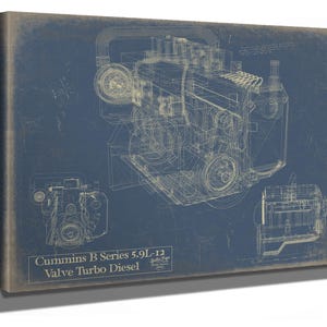 May include: A blueprint style illustration of a Cummins B Series 5.9L-12 Valve Turbo Diesel engine on a blue background. The illustration is in white and shows the engine in detail.