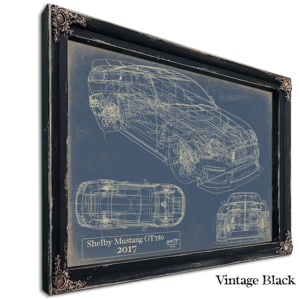Vintage 2017 Mustang Car Model Print,  Original Blueprint Canvas, Framed, or Unframed Art