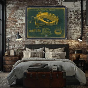 a bedroom with a brick wall and a large poster of a baseball stadium