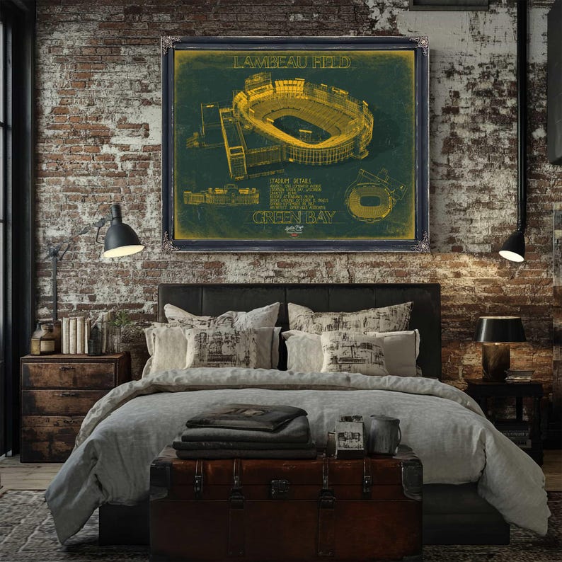a bedroom with a brick wall and a large poster of a baseball stadium
