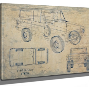 Vintage 1970 Ford Bronco Car Model Print, Gifts for Him, Original Blueprint Canvas, Framed, or Unframed Art