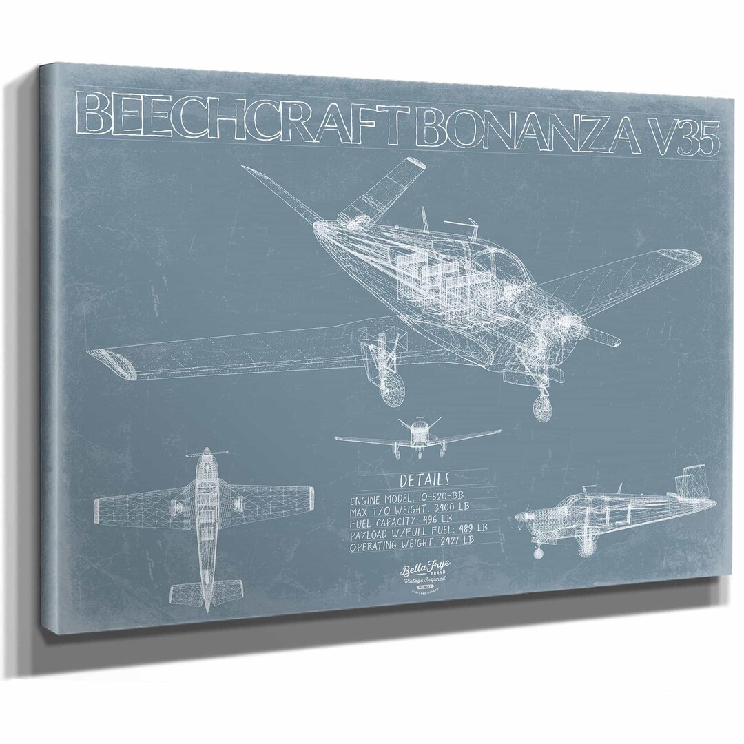 Beechcraft Bonanza V35 Aircraft Blueprint Wall Art - Original Aviation ...